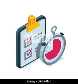 isometric tablet with a checklist and checkmarks and a stopwatch in color on a white background, a business plan or a task completed on time Stock Vector