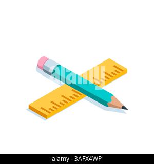 isometric pencil and ruler in color on white background, stationery and study supplies Stock Vector