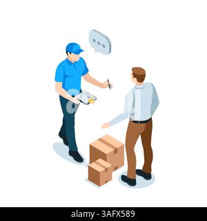 isometric courier give a pencil and a tablet for signature to the client in color on a white background, home delivery or address Stock Vector