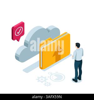 isometric man near a folder and a cloud in color on a white background, uploading data to the cloud or storing information Stock Vector