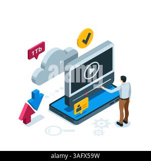 isometric man near smartphone and video player in color on white background, cloud and check mark icon, media cloud storage Stock Vector