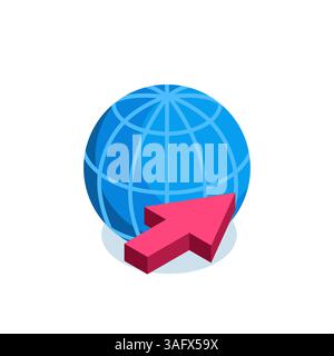 isometric globe and arrow icon in color on white background, internet or world map Stock Vector