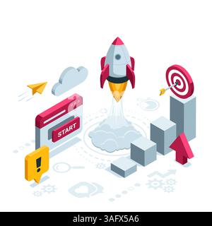 isometric rocket takes off from browser window with start button in color on white background, startup in business or seo promotion Stock Vector