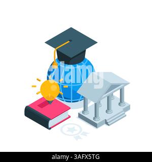 isometric globe and bachelor cap in color on white background, university icon and light bulb, world education or study Stock Vector