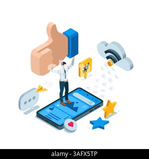 isometric man holding a like above his head while standing on a smartphone screen in color on a white background, social media leader or growing popul Stock Vector