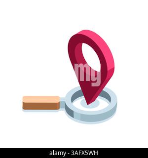 isometric magnifying glass and location icon in color on white background, search for location or coordinates Stock Vector