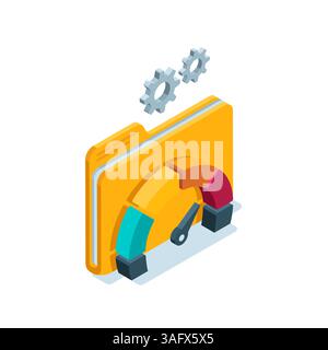 isometric folder icon and power scales in color on a white background, turbo acceleration of working with data Stock Vector