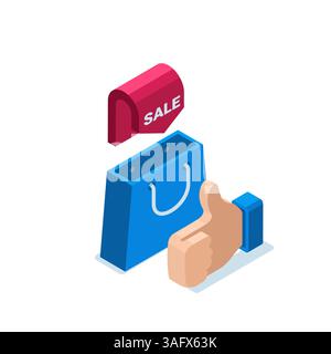 isometric shopping bag icon and like in color on white background, arrow with the word sale or shopping in the online store with discounts Stock Vector