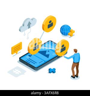 isometric man near smartphone and user icons in color, social networks or internet connections, distribution via user links Stock Vector