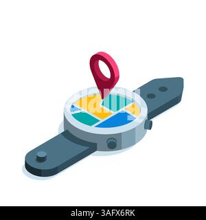 isometric smart watch with map and location icon in color on white background, geolocation or navigator Stock Vector