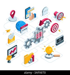isometric icon set connected as a concept in color on a white background, seo and internet promotion Stock Vector