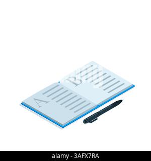 isometric icon open notebook and pen in color on white background, study supplies or school notebook Stock Vector