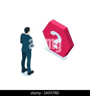 isometric business man stands in front of a question mark in color on a white background, a problem or a difficult task Stock Vector