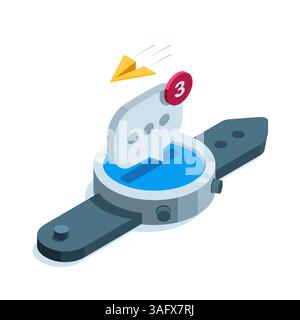 isometric smart watch and message icon in color on white background, messages online or smart gadgets Stock Vector