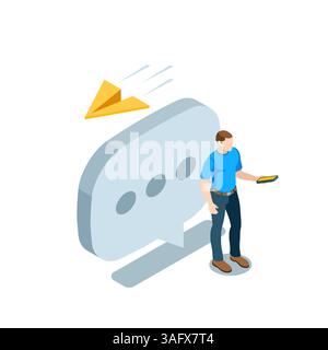 isometric man with a smartphone stands near a large message icon in color on a white background, sending a message or chatting Stock Vector