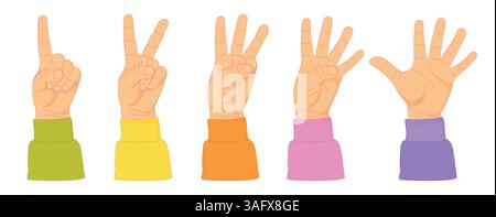 Counting with fingers. Hand gesturing, arm showing one, two, three, four and five numbers, digits. Countdown, score, elementary math learning. Stock Vector