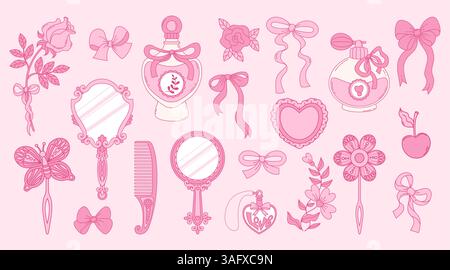 Vintage Pink Coquette Beauty Accessories set. Bottle Perfume, Ribbon Bow, Mirror, Comb, Flower, Pendant Heart and Hair Clip. Romantic Girly Vibe. Vect Stock Vector