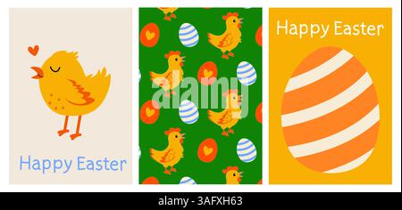 Colorful Easter cards featuring cheerful chicks and decorative eggs for spring celebrations Stock Vector