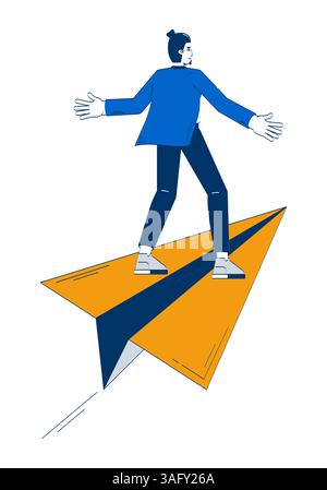 Confident business man riding forward on large paper plane 2D doodle character Stock Vector