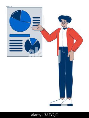 Hispanic male employee presenting pie charts and data visualization 2D doodle character Stock Vector