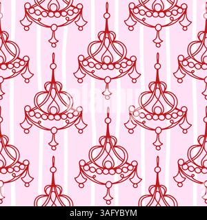 Hand-drawn whimsical Coquette Pattern set. Red Antique Chandelier on pink pastel background. Vintage coquette wallpaper, line art style, vector illustration. Stock Vector