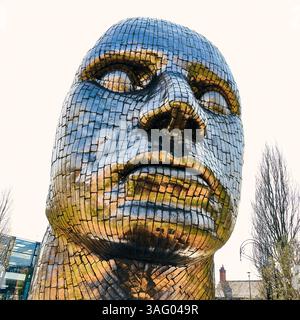 The face of Wigan statue by Rick Kirby in Believe Square,Wigan town centre Stock Photo