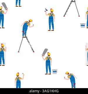 Seamless pattern construction workers uniforms repair on construction site Stock Vector