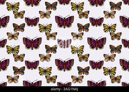Botanical butterflies seamless pattern vector illustration. Repeating hand drawn colorful butterfly in gray background. Graphic design for Fashion Cov Stock Vector