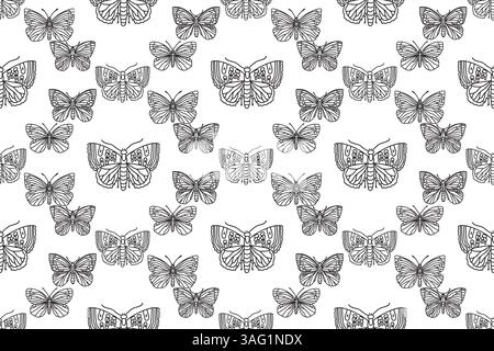 Line art botanical butterflies seamless pattern vector illustration. Outline repeating doodle butterfly in white background. Graphic design for Fashio Stock Vector