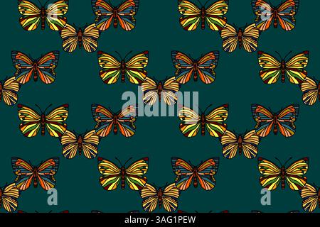 Botanical butterflies seamless pattern vector illustration. Repeating hand drawn colorful butterfly in blue background. Graphic design for Fashion Cov Stock Vector