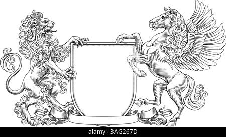 Heraldic Crest Lion Pegasus Coat Of Arms Shield Stock Vector