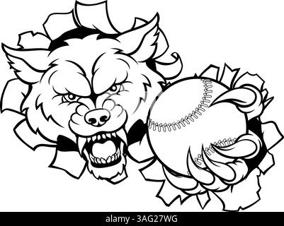 Wolf Holding Cricket Baseball Ball Mascot Stock Vector