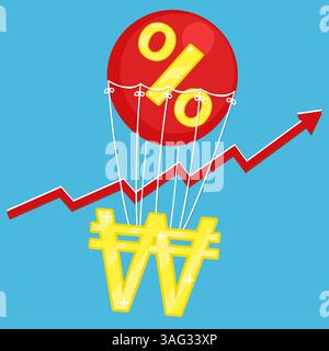 Living cost concept. Vector illustration of won golden icon flying on red air balloon with percent sign on blue background with red arrow inflation ri Stock Vector