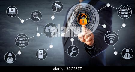 Blue chip manager is unlocking a virtual locking mechanism to access shared cloud resources. Internet concept for identity & access management, cloud Stock Photo