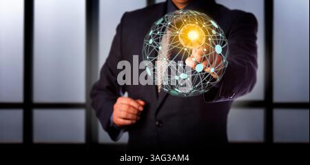 Blue chip business manager is touching a secured access point in a virtual global mesh network. Information technology concept for cloud computing, co Stock Photo