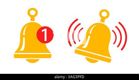 Vector set icons of metallic bell in flat style. Vector ringing bell for alarm clock and smartphone application alert. Stock Vector
