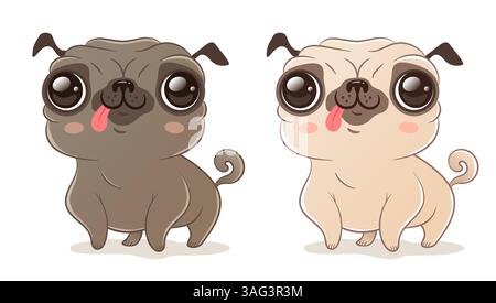 Vector cute pug in kawaii style. Vector illustration of a cute dog on isolated background. Black and beige pugs. Stock Vector