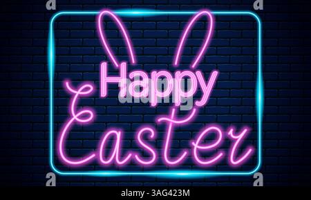 Neon Sign Saying "Happy Easter" with Bunny Ears on Dark Brick Wall Background, festive holiday decoration Stock Vector
