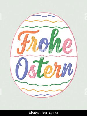 Frohe Ostern lettering inscribed in an Easter egg, German for Happy Easter. Modern brush ink calligraphy with multicolored letters. Stock Vector