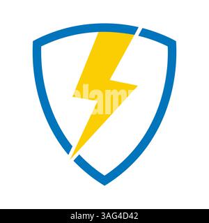 Shield with lightning bolt icon. Blue outline of a shield with a yellow lightning bolt inside, isolated on white background. Vector illustration. Stock Vector