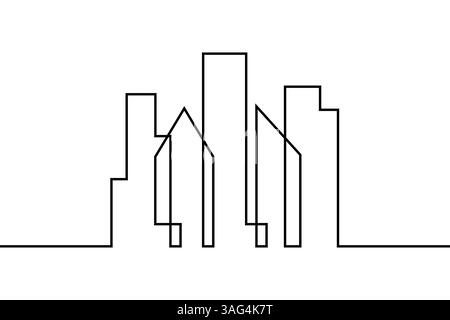 Line city. Black single lineart house isolated on white background. Building continuous one line drawing. Hand drawn art oneline icon. Skyline lines Stock Vector