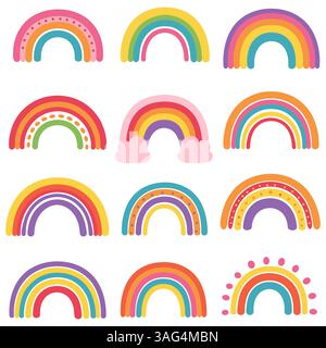 Set of cartoon rainbow icons. Collection of twelve bright and colorful cartoon rainbows of different styles and with decorative elements. Vector illus Stock Vector
