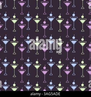 Freehand Martini glasses Seamless Pattern Trendy Pink Light Green blue Neon tint on dark Background. Isolated Vector illustration Wallpaper Thematic Cards, posting, label or web promo banner leaflets Stock Vector