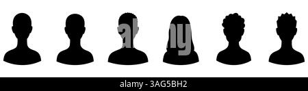 Set of six black silhouette avatars representing diverse head shapes and hairstyles, isolated on a white background. Vector illustration Stock Vector