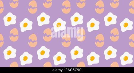 Cracked Beige Eggshell Fried eggs with yolk Seamless pattern Culinary banner Background Texture idea. Isolated Vector illustration Wrapping Wallpaper Thematic Cards, leaflet or web promo banner, label Stock Vector