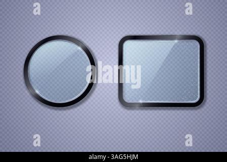 Round and rectangular glass transparent realistic frames with black glossy border and sparkling particles. Vector 3d illustration. Stock Vector