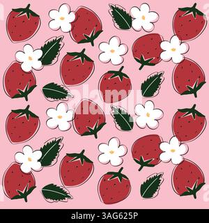Seamless pattern with strawberry and white flowers on pink background Stock Vector