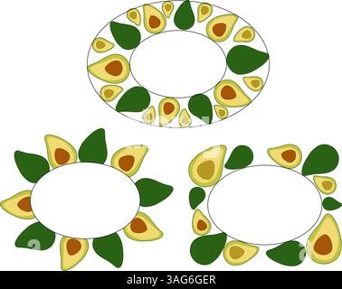 Avocado oval rectangle Frame set. Vector flat Avocado Background with Space for Text. Ideal for menu, package, cosmetic, textile, cards Eat green Stock Vector