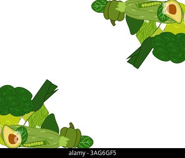 Green veggies rectangle frame. Vector flat Hand drawn vintage color vegetables design. Organic fresh food vector banner template. Traditional botanica Stock Vector
