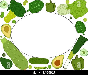Oval template in rectangle with hand drawn green vegetables for text. Vector flat Vegetable tops, veggies stalks For vegan cafe menu. White background Stock Vector